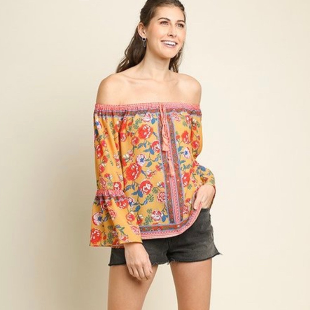 Floral scarf print off shoulder top.